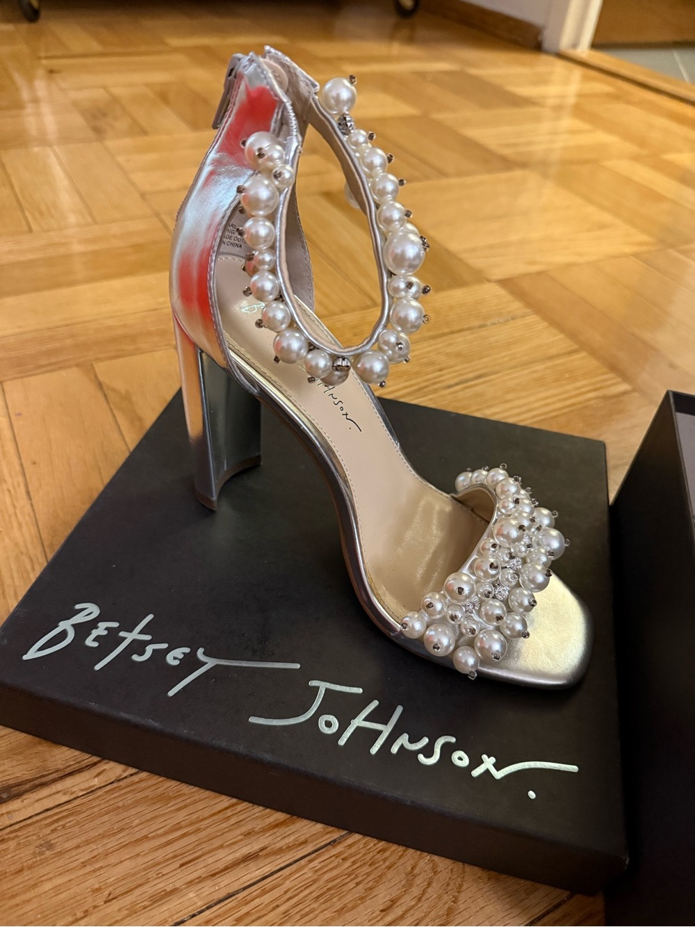 Betsey Johnson Silver Pearl-Embellished Block Heel Sandals